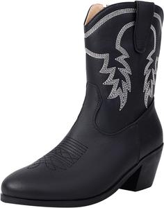 Ботинки-ковбойки для женщин с широкой голенью, западного стиля, с массивным каблуком, заостренным носком, средней длины по голени, высокие до колена, с вышивкой, слипоны выше колена, из широкой кожи Generic, B-Black