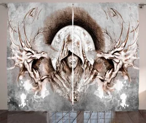 Штора ABAKUHAUS Дракон в деревенском стиле, Ветви монаха в средневековом стиле, универсальная ленточная штора для гостиной с петлями и крючками, 280 x 175 см, цвет: серый, коричневый, умбра Abakuhaus