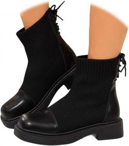 Женские ботильоны Chelsea с массивной подошвой, средний каблук, модные ботинки до щиколотки, на молнии или без застежки, вязанные ботинки с массивным каблуком, противоскользящие носочные ботильоны Generic, Black