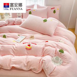 Fuanna Пододеяльник 200х230 см из велюра и искусственного меха, комплект из 4 предметов, цвет Animal Forest - Light Pink [Towel Embroidery]