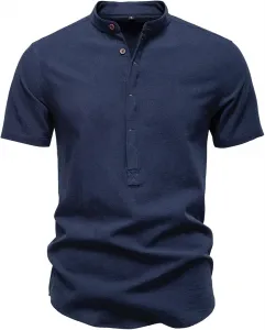 Мужская хлопковая льняная рубашка с коротким рукавом