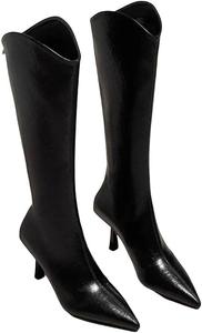 Женские винтажные высокие ботинки до колена с заостренным носком, сзади на молнии, узкие длинные ботильоны на высоком каблуке для зимы Generic, Black