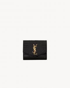 Компактный кошелек UPTOWN из кожи с тиснением под крокодила и глянцевым эффектом SAINT LAURENT, черный