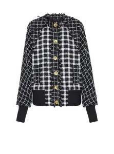 Укороченная бомбер-куртка оверсайз из смешанного твида Balmain, черный
