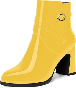 Женские ботильоны WAYDERNS с пряжкой, для свиданий, с круглым носком, лакированные, с ремешком на щиколотке, на устойчивом высоком каблуке 3,3 дюйма, Yellow