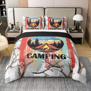 Erosebridal Комплект постельного белья Happy Camping из 100% хлопка с принтом лесного пейзажа в акварельном стиле, Red Blue