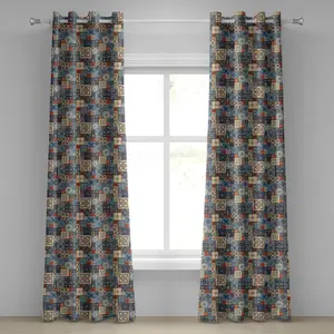 Марокканская штора на люверсах ABAKUHAUS с сетчатым квадратным узором, арабесковым орнаментом в восточном тунисском стиле, декоративная двухпанельная штора на окно, 280 см x 175 см, темно-оранжевый, сине-серый цвет Abakuhaus