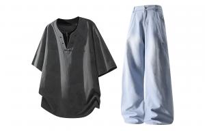 Повседневная спортивная одежда Unisex V-образный вырез Moderate X1617, серый tie-dye short-sleeved top+светло-синий jeans