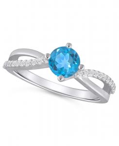 Кольцо с ониксом и белыми бриллиантами (1/6 карата) в оправе из белого золота 10 карат Macy's, Blue Topaz/White Gold