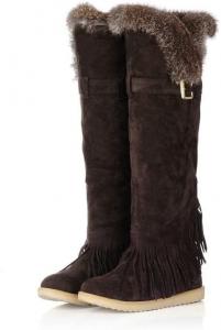 Женские зимние сапоги SACFOF до колена, с модной пряжкой, бахромой, высоким голенищем, плоской подошвой, теплым мехом и широким голенью, Dark Brown