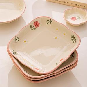 Ceramics Свежие керамические тарелки для дома, 2025 новый стиль квадратные глубокие тарелки, премиальные миски и блюда, подглазурная цветная посуда Qingtian - 8-дюймовые квадратные тарелки - набор из 4