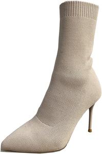 Женские сексуальные носочные ботильоны Jeesay с заостренным носком, туфли на шпильке, ботильоны средней длины, трикотажные эластичные теплые туфли…, Beige