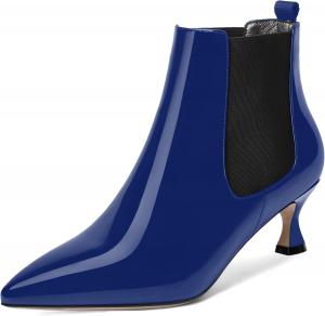 Женские офисные ботильоны WAYDERNS с острым носком, милой резинкой, лакированной поверхностью, низким каблуком-китен 2 дюйма, Black Royal Blue