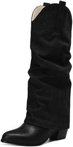 Женские джинсовые ковбойские ботинки UniqueStride с отворотом до середины икры, западный стиль, округлый носок, массивный каблук, ковбойские ботинки с заклепками, Black Long