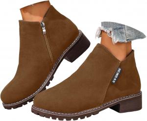 Женские ботильоны Hbeylia Fall Shoes 2025 с вырезом V сбоку, на платформе, с массивным каблуком, короткие с молнией, замшевые, с круглым носком, низким каблуком, удобные для ходьбы, противоскользящие, низкие лоферы, B-Brown