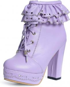 Женская мода Ботильоны на высокой платформе с толстой подошвой и шнуровкой Сладкая Лолита с рюшами Короткие ботинки LYYSKY, Purple