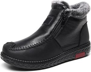 Женские зимние слипоны водонепроницаемые против скольжения с толстой меховой подкладкой, ботинки для снега до щиколотки из хлопка и ПУ-кожи с молнией Generic, Black