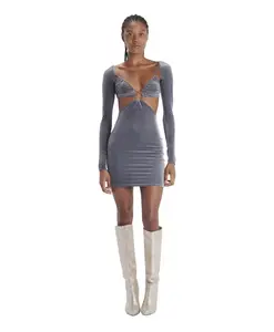 Бархатное мини-платье с длинными рукавами Amazuin, серый