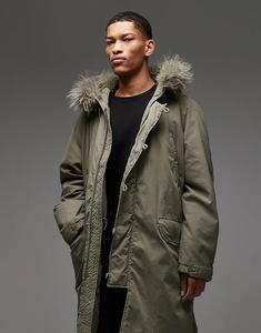 Удлиненная парка COLLUSION цвета хаки с подкладкой из искусственного меха