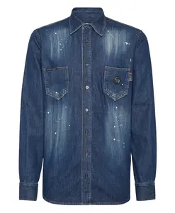 Джинсовая рубашка с длинными рукавами, с изображением черепа и костей. Philipp Plein, синий