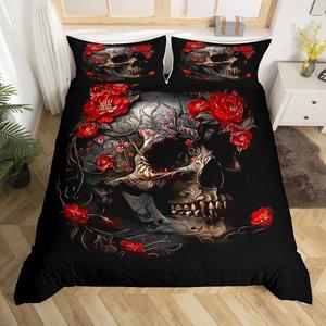 Erosebridal Комплект постельного белья Gothic Skull с цветочными черепами в готическом стиле для детей, Black Red Green