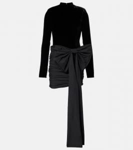 Мини-платье из бархата с бантом и сборками Rotate, Black