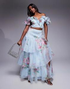 Юбка макси из шифона ASOS LUXE с присборенным верхом и синим цветочным принтом