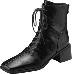 Женские ботильоны в ретро-стиле с квадратным носком, верх из натуральной кожи, шнуровка спереди и молния сзади BULVJ, Black/White