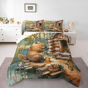 Erosebridal Комплект постельного белья Boys Beaver с уютным рисунком морских свинок в деревенском стиле, коричневый, Brown Green