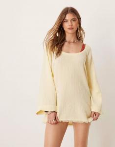 Пляжное платье Callie из марли с длинными рукавами и потертостями ASOS DESIGN цвета пахты