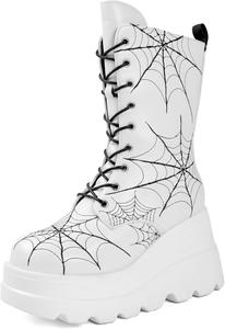 Женские готические ботильоны на платформе с крыльями летучей мыши, круглым носком, молнией, панк-мотоциклетные боевые ботинки, короткие готические ботильоны Generic, White