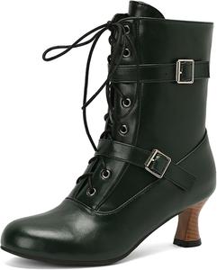 Ботильоны на низком каблуке SHEMEE для женщин, винтажного викторианского стиля, с шнуровкой, средние каблуки, с молнией и пряжкой, Dark Green