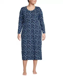 Ночная рубашка больших размеров из хлопка с длинными рукавами длиной до середины голени Lands' End, синий