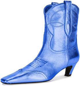 Женские ботильоны FSJ с квадратным носком, удобные, невысокий каблук типа «кикушка», на липучке, осенне-зимние, ковбойские, нарядные, размер 4-16 США, Blue Metallic Leather