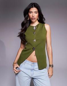 Жилет с цветочными пуговицами спереди, оливкового цвета Asos Design