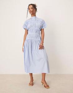 Платье миди Ghospell с высоким воротом и сборками синего цвета