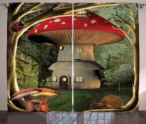 ABAKUHAUS, цветная штора в деревенском стиле, Волшебный грибной лес, присборенная штора из тесьмы для спальни с петлями и крючками, 280 x 245 см, цвет: красный, бледно-кофейный, зеленый Abakuhaus