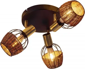 Näve потолочные точечные светильники "Corbis", 3 лампочки, лампа E14 | без лампочек, 3 места не вкл. E14 макс. 40 Вт черный/натуральный/золотой Г: 38см с ротангом Ø 38,00 см, Высота: 13,50 см., черный/золотой