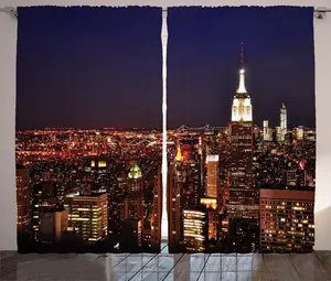 Шторы ABAKUHAUS Rustic View, New York Manhattan Night, универсальные ленточные шторы для гостиной с петлями и крючками, 280 x 245 см, цвет: оранжево-синий Abakuhaus