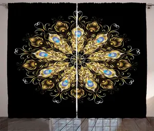 Штора ABAKUHAUS Мандала в деревенском стиле, павлиньи перья с камнями, универсальная ленточная штора для гостиной с петлями и крючками, 280 x 225 см, серо-горчичный цвет Abakuhaus