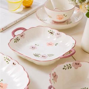 Ceramics Керамическая рисовая пиала с подглазурным покрытием для дома, набор стильных тарелок и мисок 2025, комбинация посуды, подарок на новоселье, квадратная тарелка с рюшами и двумя ручками 8,5 дюймов, 2 предмета