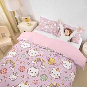 Erosebridal Комплект постельного белья Kawaii Princess с розовыми единорогами и котиками в стиле кавай, радужный галактический звездный принт, Pink White Purple