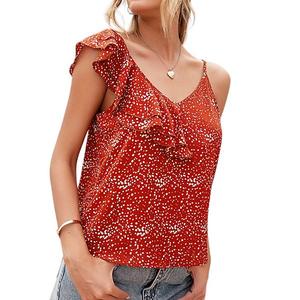 Женский топ без рукавов на тонких бретелях с рюшами спереди и принтом в горошек Anna-Kaci, Red