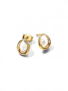 Серьги-гвоздики из культивированного пресноводного жемчуга органической формы овальной формы, обработанного специальными составами Pandora, золото