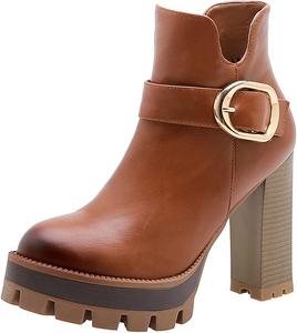 Женские ботильоны COMFASH с круглым носком, на массивном каблуке, с боковой молнией, в стиле челси, из искусственной кожи, короткие, Brown