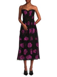 Платье миди Perle без бретелек с вышитыми розами Monique Lhuillier, черный мульти