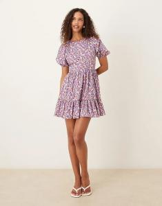 Гламурное мини-платье с завязками на спине с синей текстурой и цветочным принтом