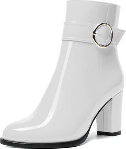 Женские повседневные ботильоны MODENCOCO с круглым носком, боковой молнией, модным дизайном, комфортные лакированные на высоком блочном каблуке 3,5 дюйма, White