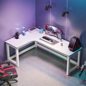Угловой игровой стол Zhenyanxuan, двухместный компьютерный стол 160x80 см с полкой, комбинированный для спальни, офиса и учебы, белая рама + теплый белый столешница (левосторонний)