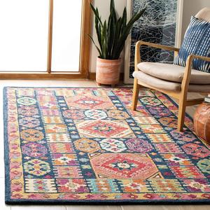 Ковер SAFAVIEH, 92 x 153 см, Aspen Collection, Blue & Red, ручная работа, богемный стиль, шерсть, идеально для помещений с высокой проходимостью: прихожая, гостиная, спальня (APN518M)